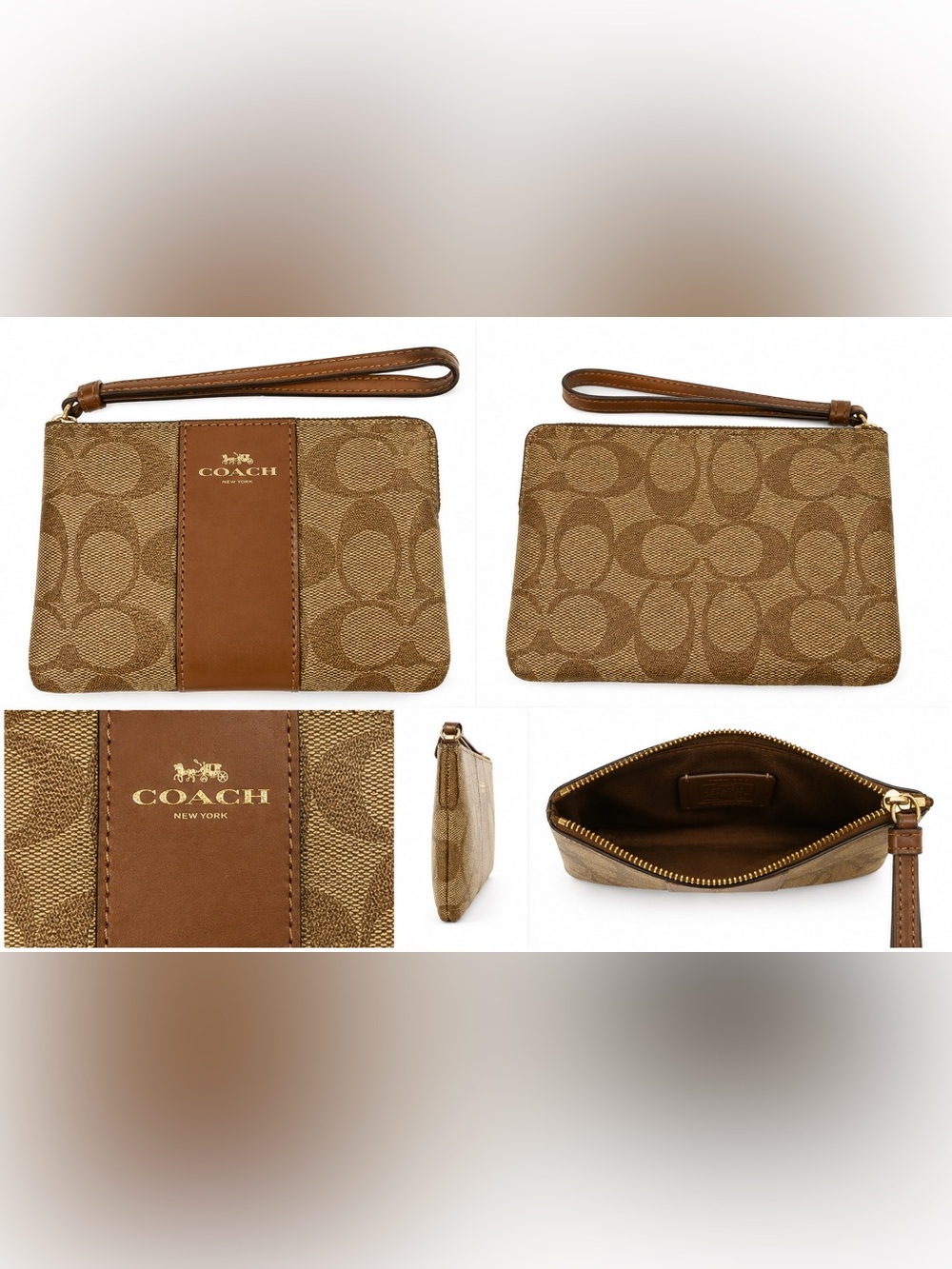 Coach Brown Signature Canvas Wristlet with Leather Trim